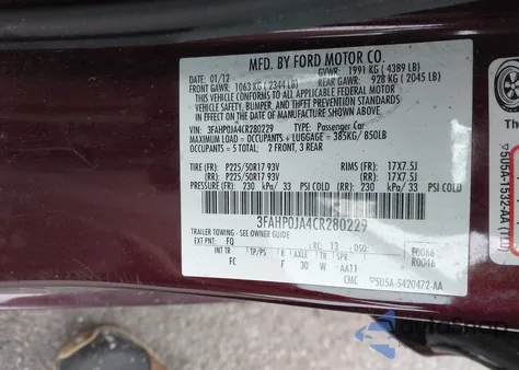 2012 Ford Fusion Sel from USA, damaged, VIN 3FAHP0JA4CR280229